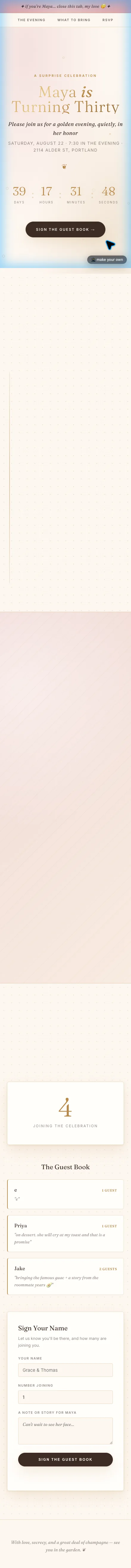ninja-built page: a surprise party page for my sister — with live RSVPs
