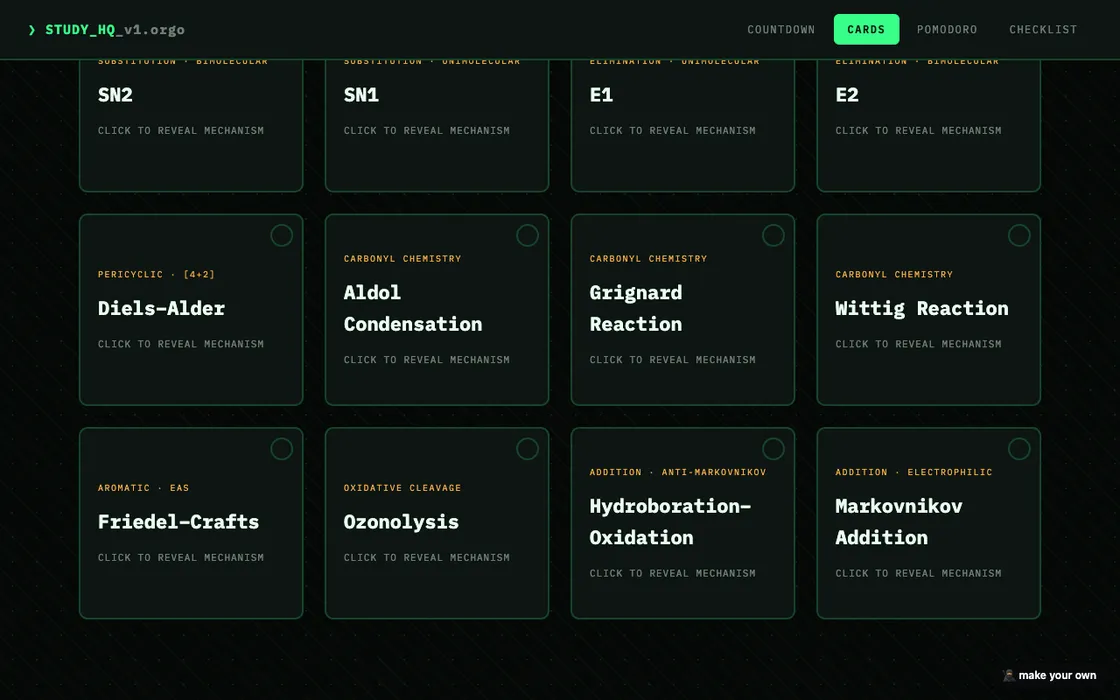 ninja-built page: a study HQ for my orgo final — flashcards + pomodoro